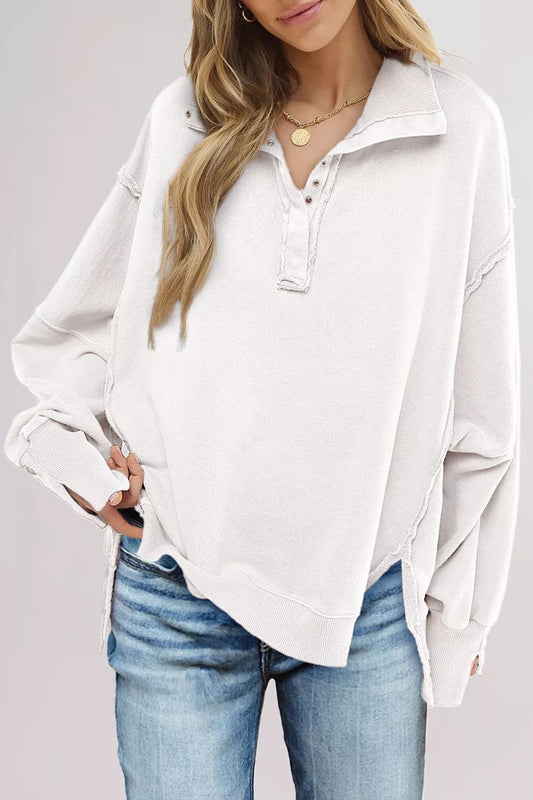 uttoned Collared Raw Detail High Low Baggy Sweatshirt with Slits