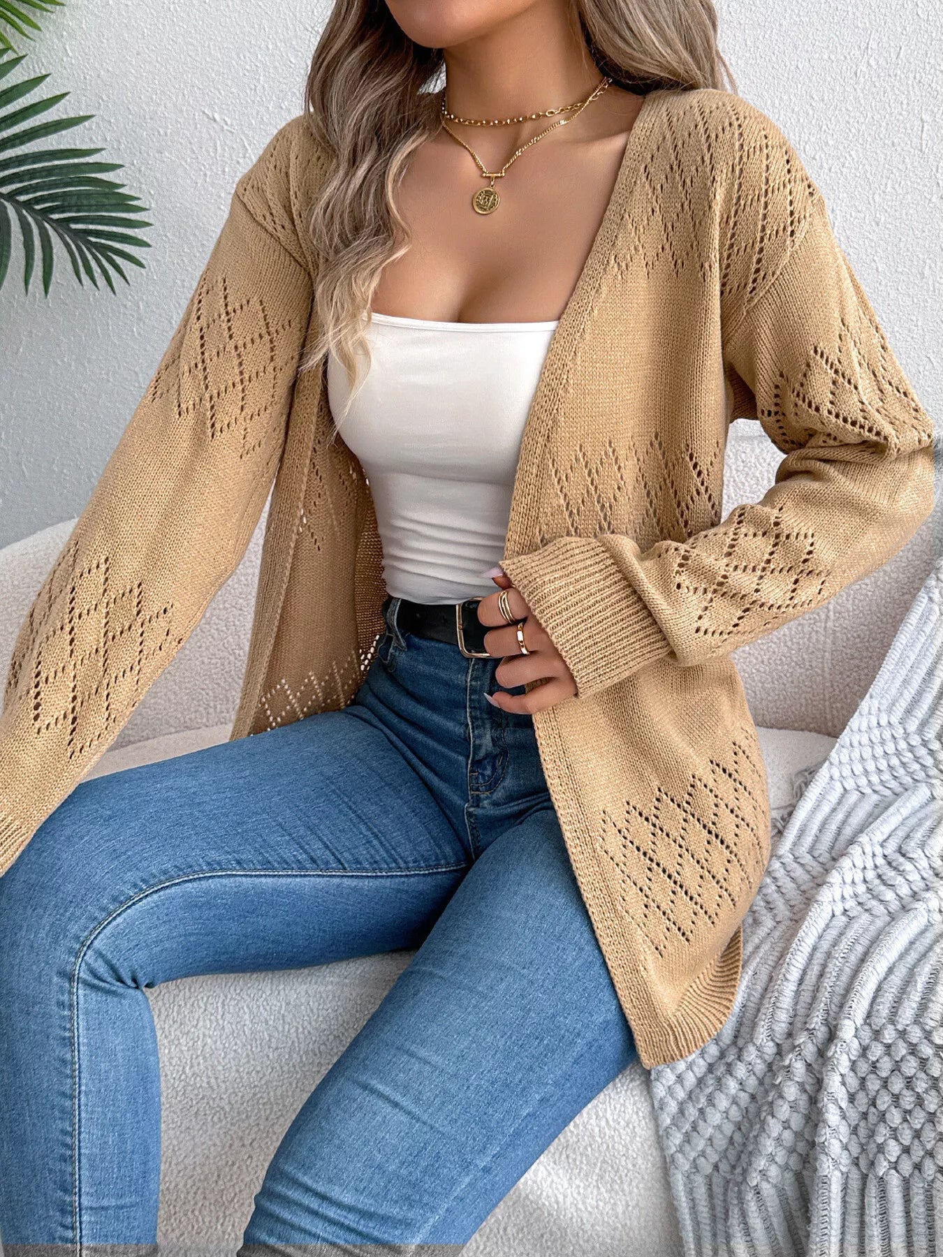 Openwork Open Front Long Sleeve Cardigan Khaki