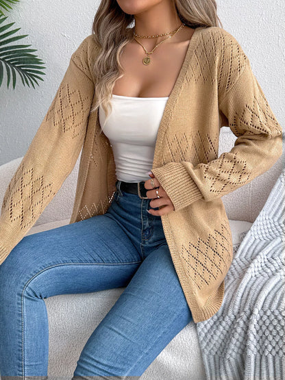 Openwork Open Front Long Sleeve Cardigan Khaki