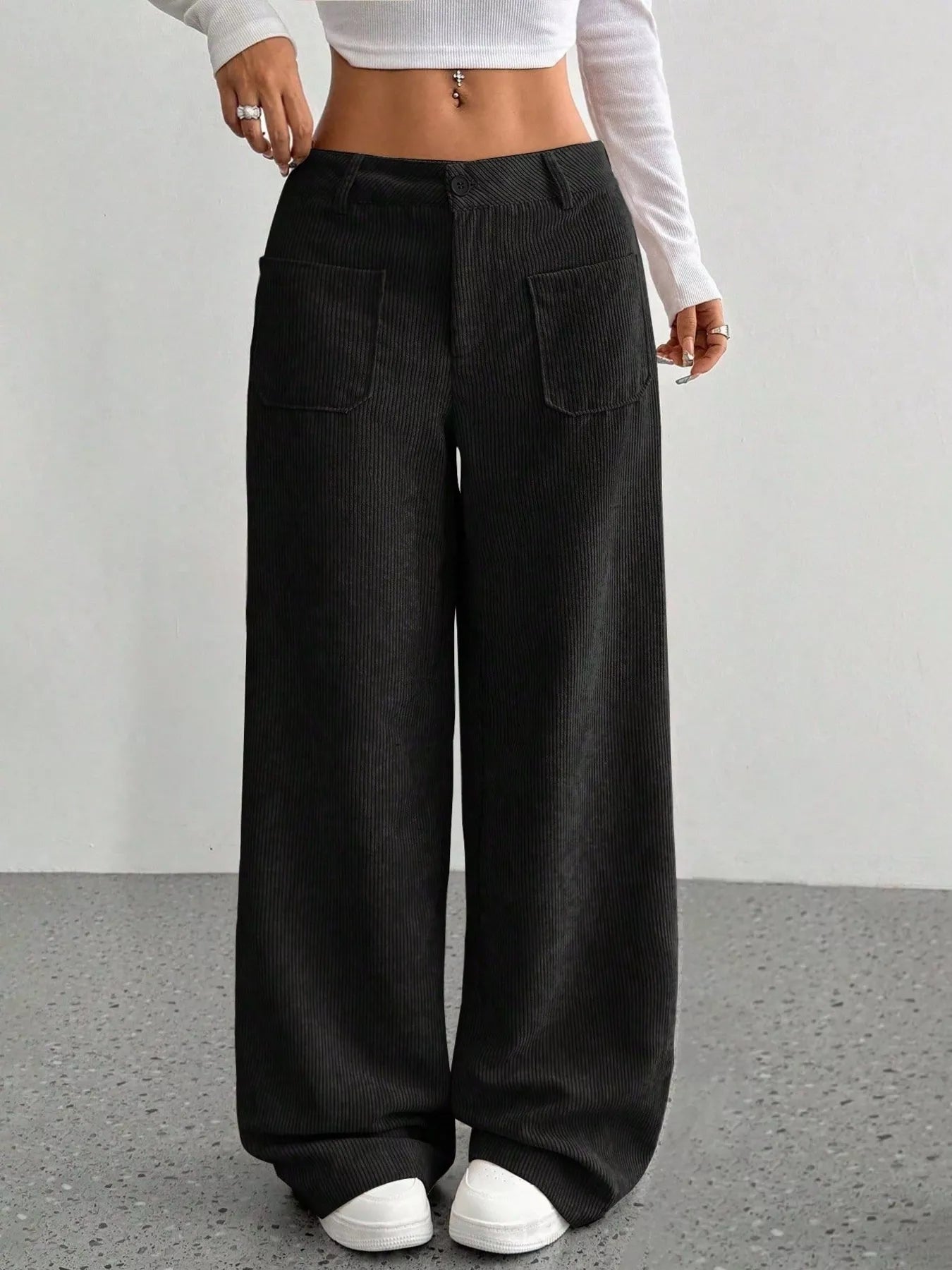Wide Leg Corduroy Pants Black