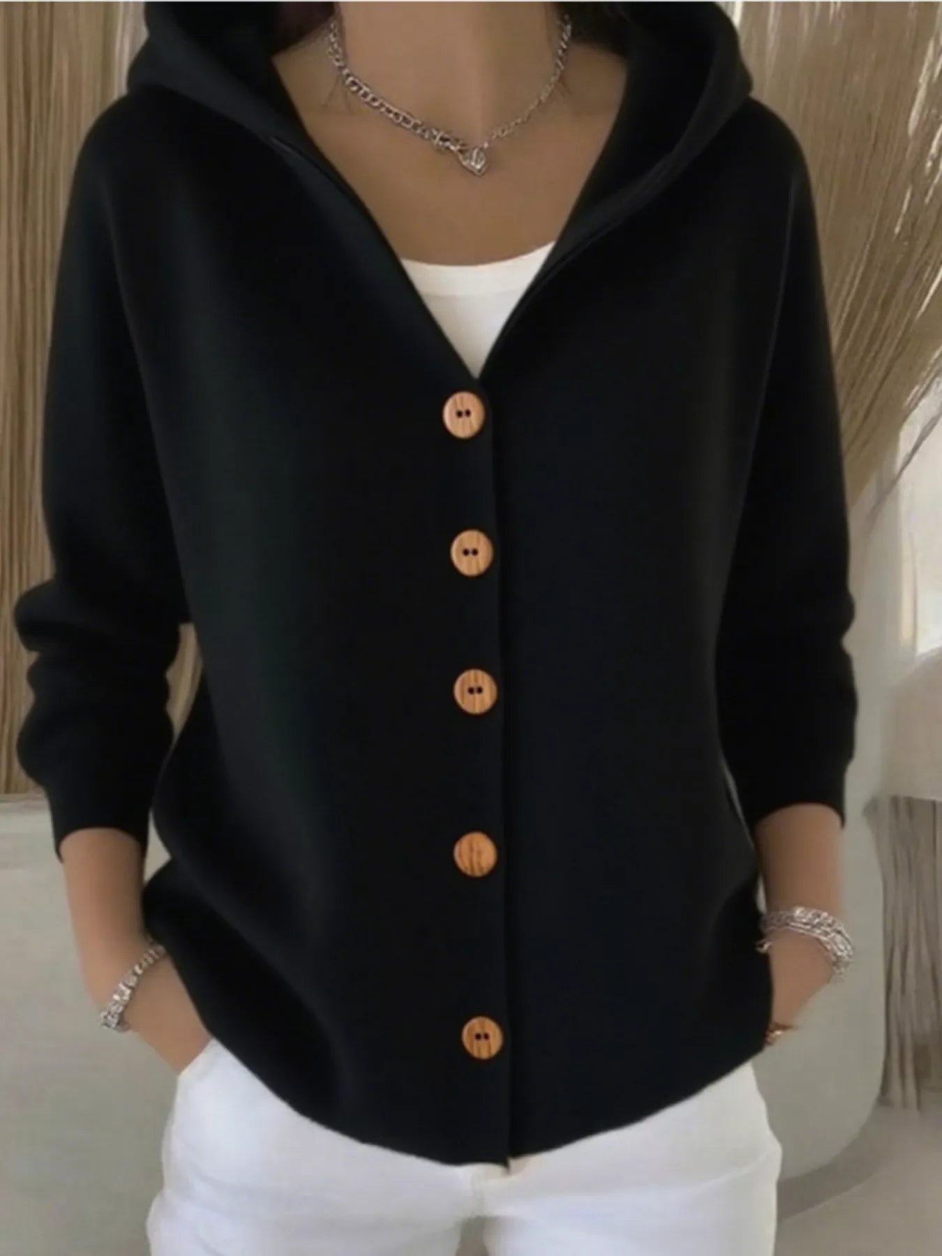 Full Size Hooded Button-Front Soft Knit Cardigan Plus Size Black