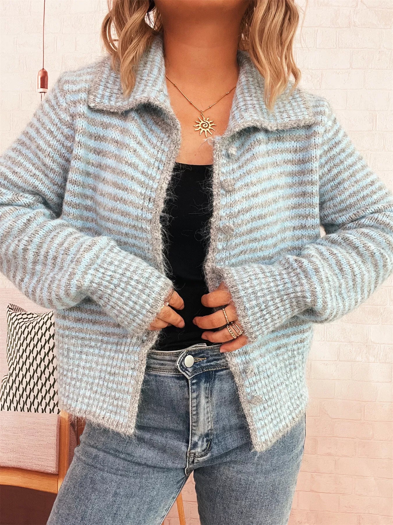 Striped Button-Up Long Sleeve Cardigan Blue One Size