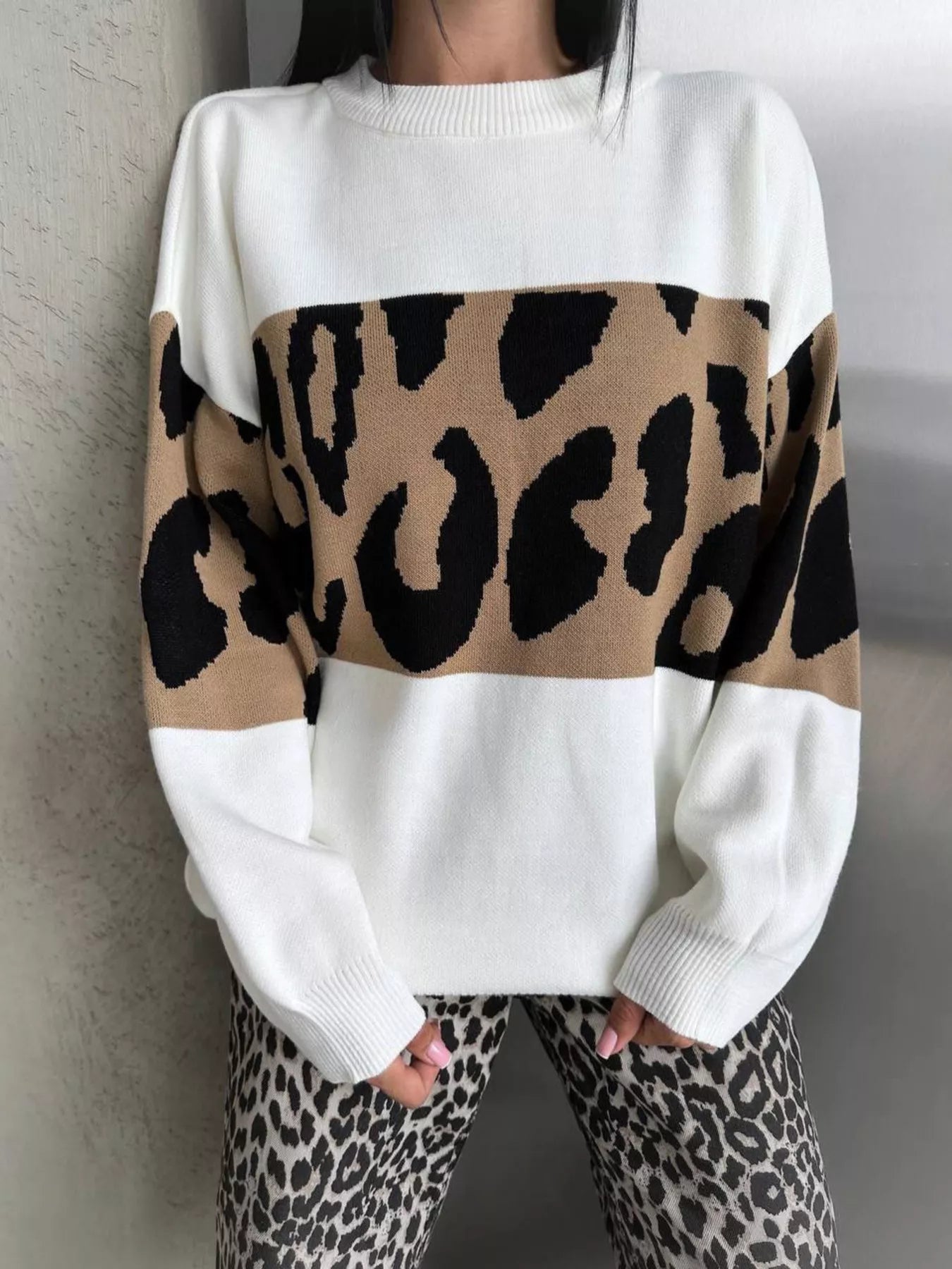 Leopard Color Block Round Neck Sweater