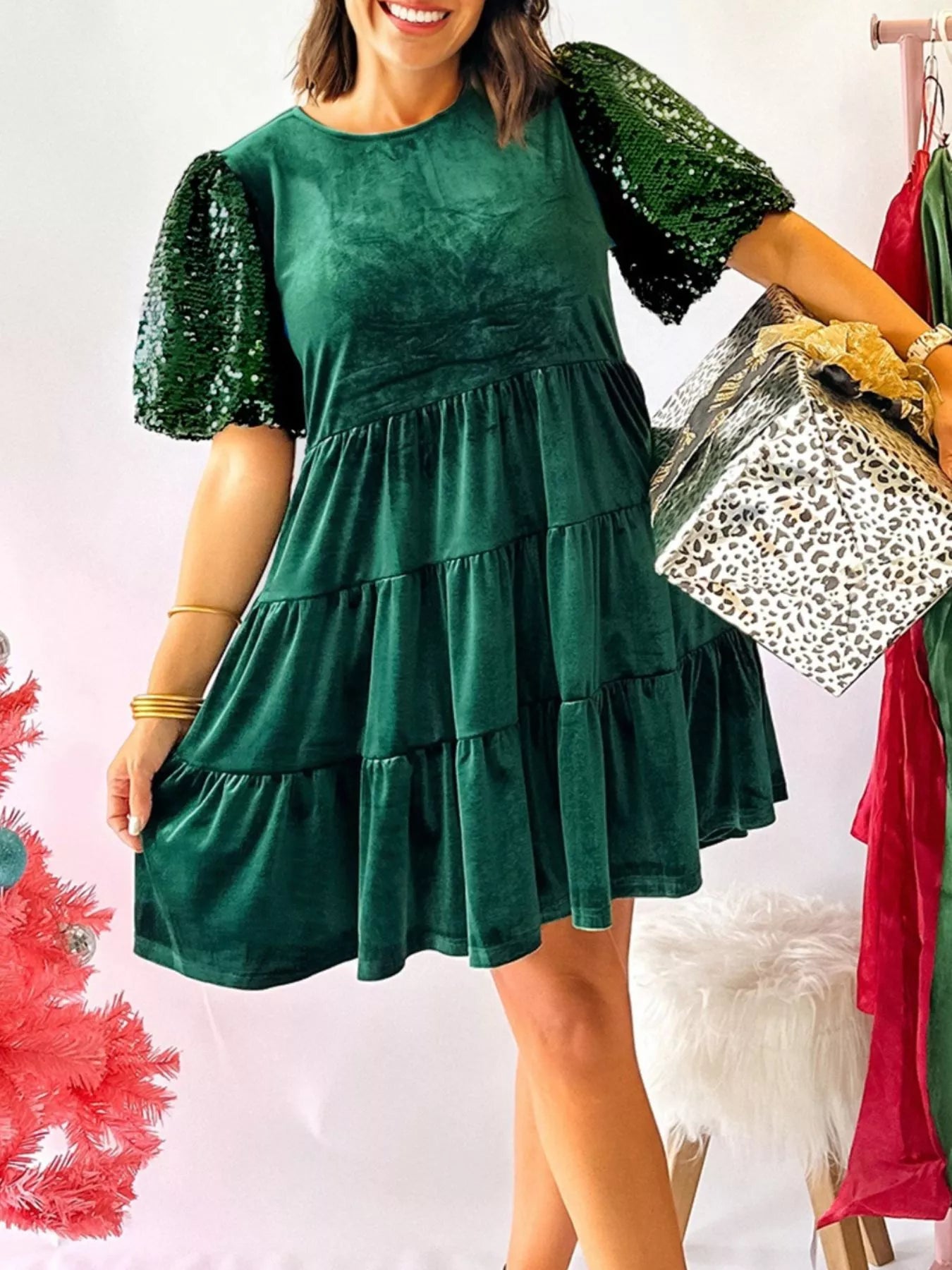 Sequin Puff Sleeve High Waist Tiered Velvet Mini Dress Dark Green