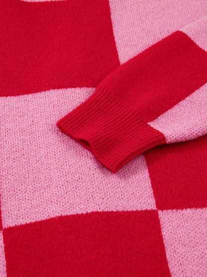 Checkerboard Knit Button-Down Cardigan