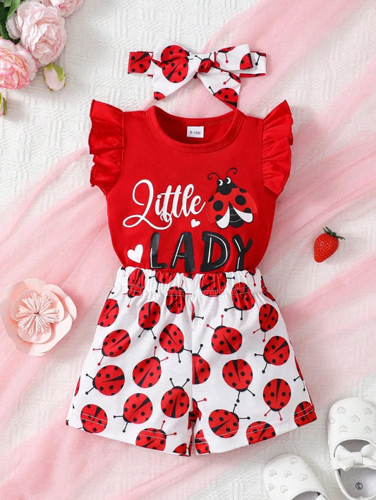 Children's Headband, Round Neck Ruffle Sleeve Top and Pants Set Red