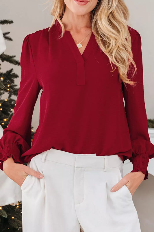 Notched Neck Shirred Cuff Long Sleeve Blouse Burgundy