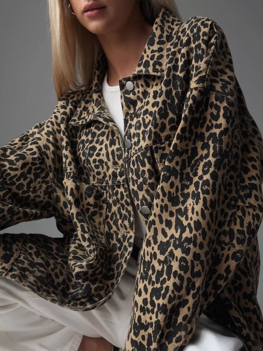 Leopard Button Up Long Sleeve Denim Jacket Leopard