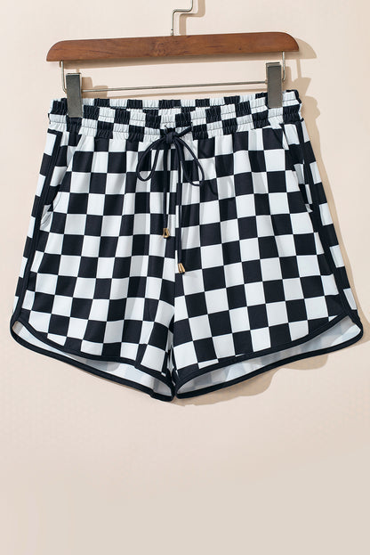 Black and White Checkered Shorts Womens - Drawstring Checkered Shorts with Pockets Black XL