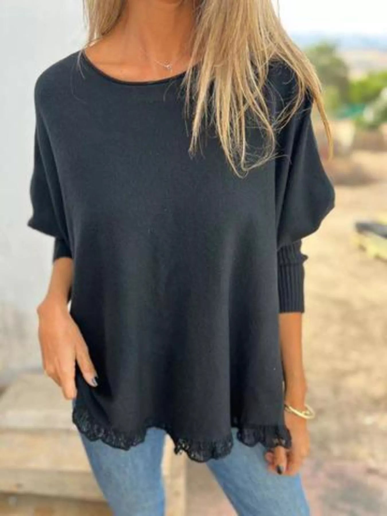 Full Size Round Neck Long Sleeve Knit Top with Lace Trim Plus Size Black