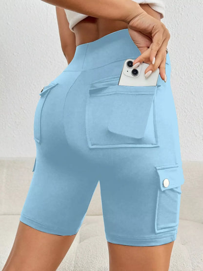 High Waist Pocketed Active Shorts Sky Blue
