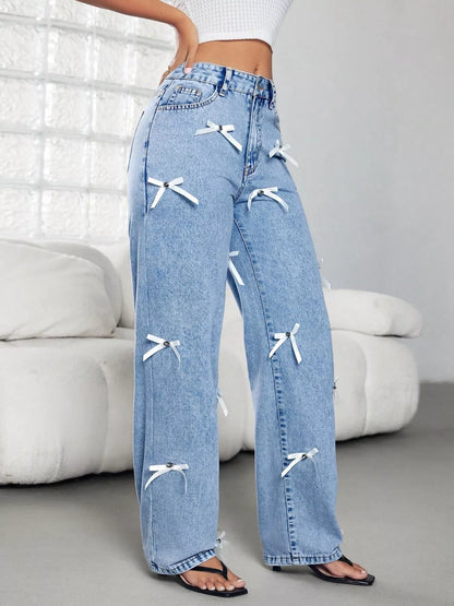 Bow Decor High Waist Wide Leg Jeans Blue