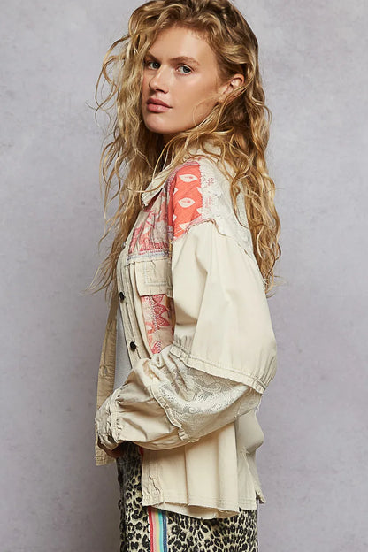 POL Printed Woven Mix Raw Hem Jacket with Lace Detail