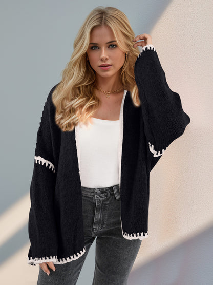 Back To School Sweater - Double Take Contrast Open Front Dropped Shoulder Cardigan