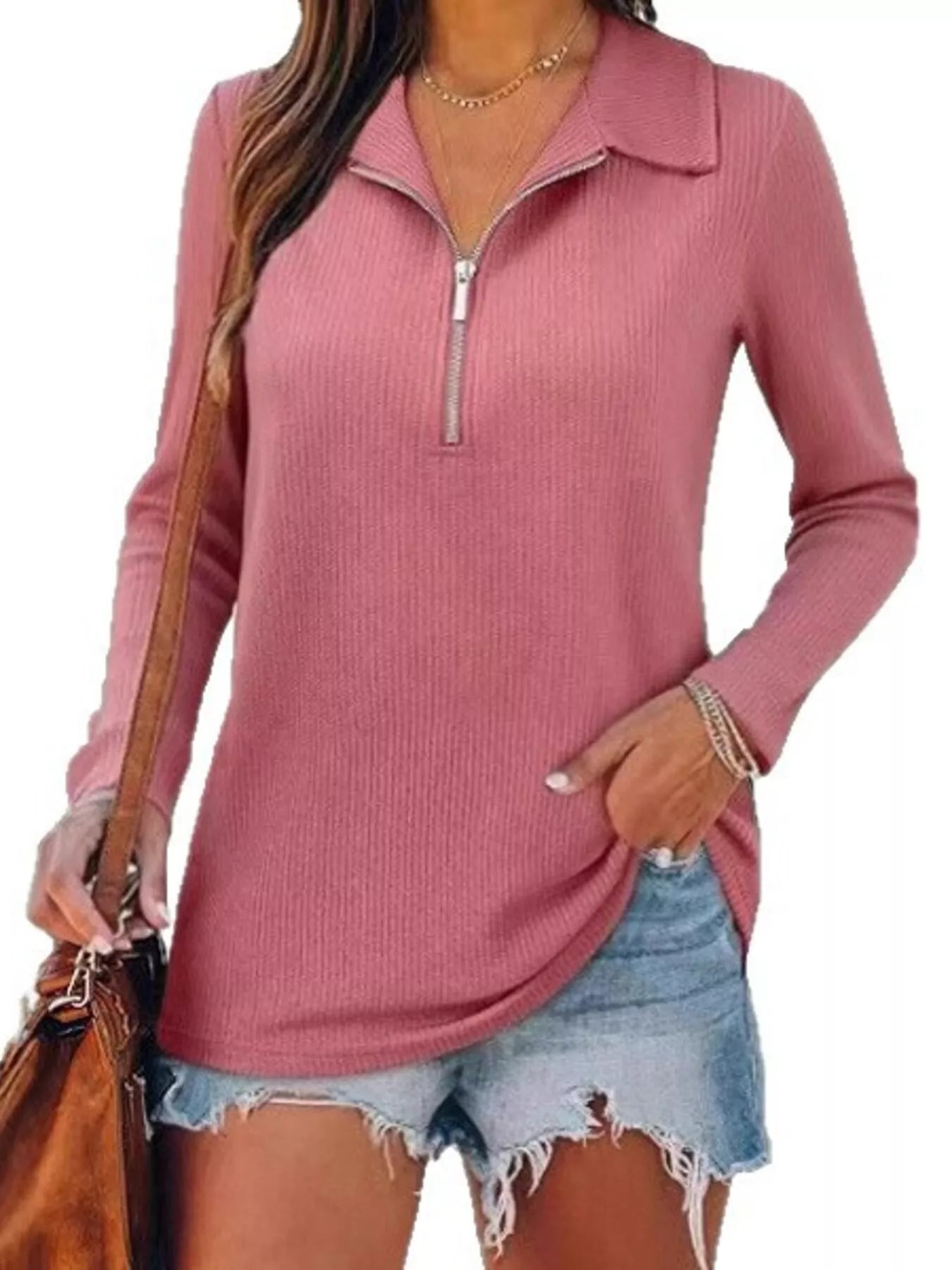 Half Zip Long Sleeve Knit Top Pink