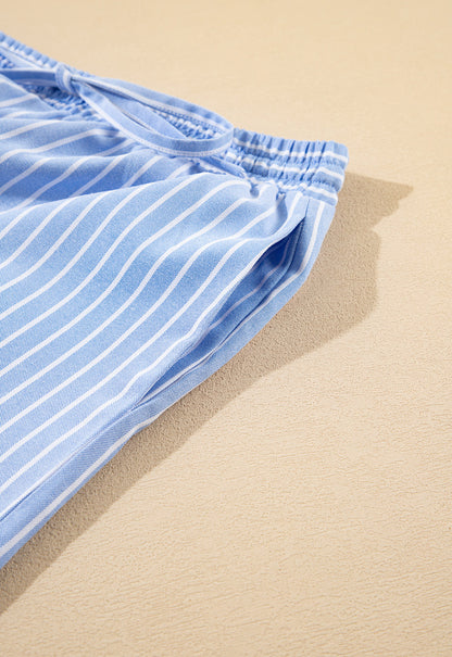 Striped Bowknot Detail Puff Sleeve Top and Shorts Set