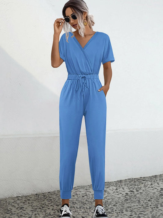 Drawstring Waist Short Sleeve Jumpsuit Sky Blue