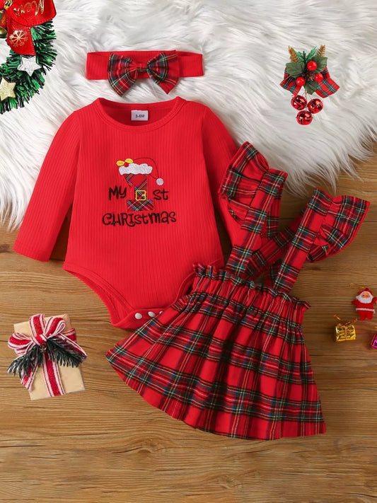 Children's First Christmas Bodysuit and Plaid Dress Outfit Set with Headband Red