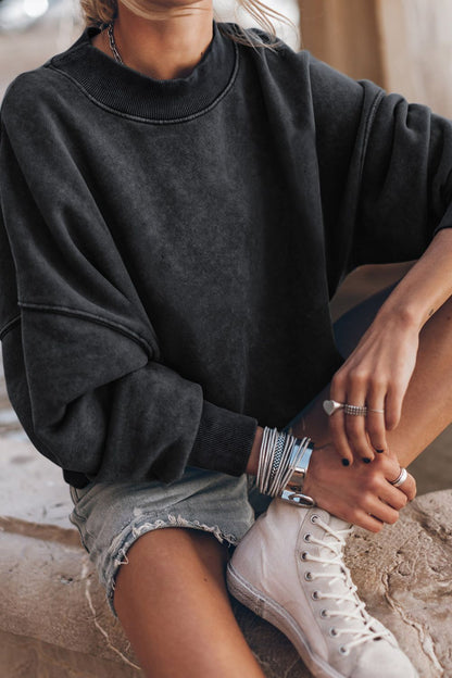 Mock Neck Dropped Shoulder Sweatshirt Black