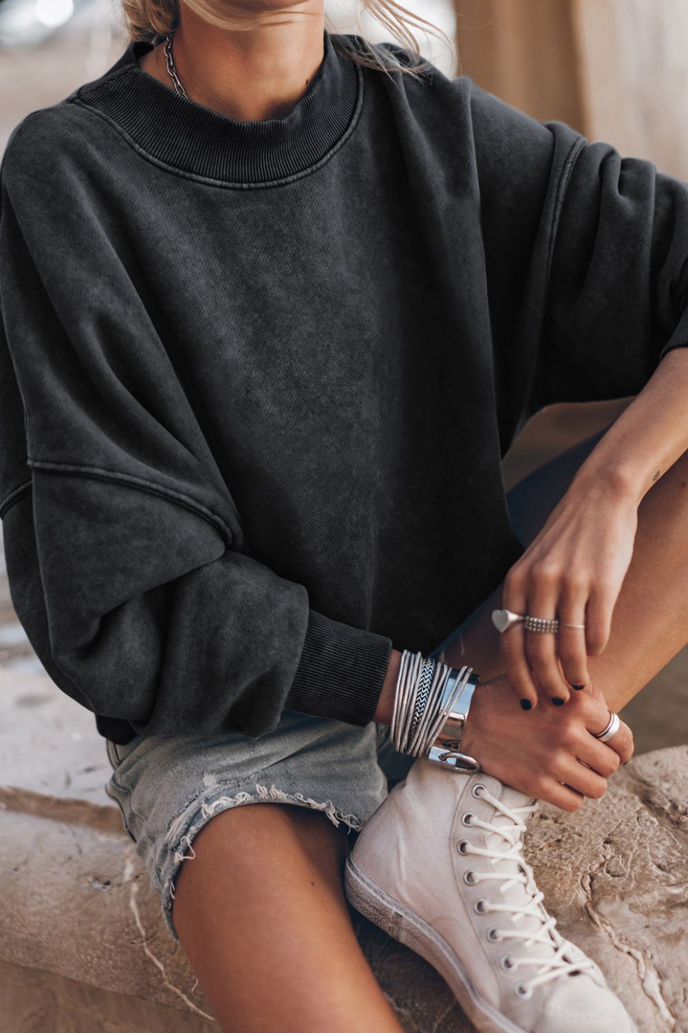 Mock Neck Dropped Shoulder Sweatshirt Black