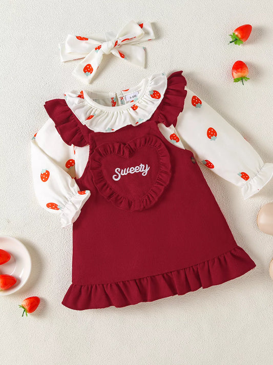 Children's Ruffled Bodysuit and Heart Decor Dress Set with Headband