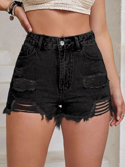 Distressed Raw Hem High Waist Denim Shorts Black
