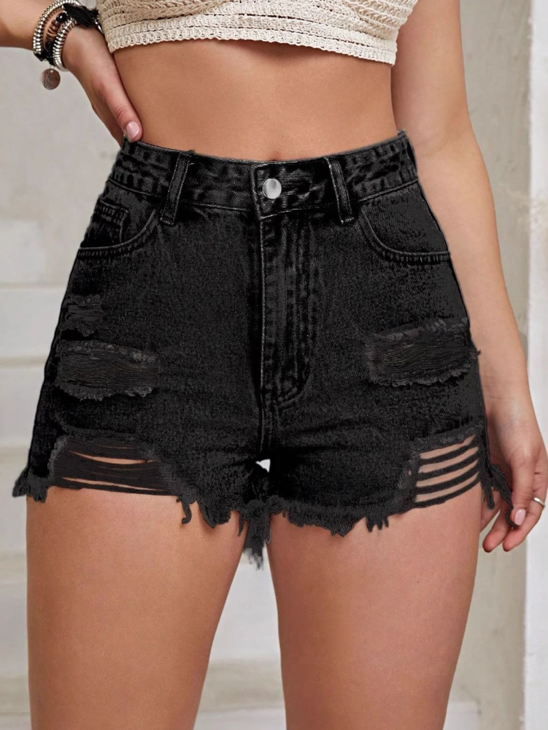 Distressed Raw Hem High Waist Denim Shorts Black