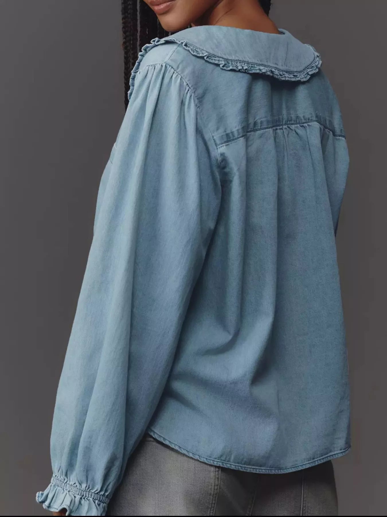 Peter Pan Collar Ruffled Denim Shirt