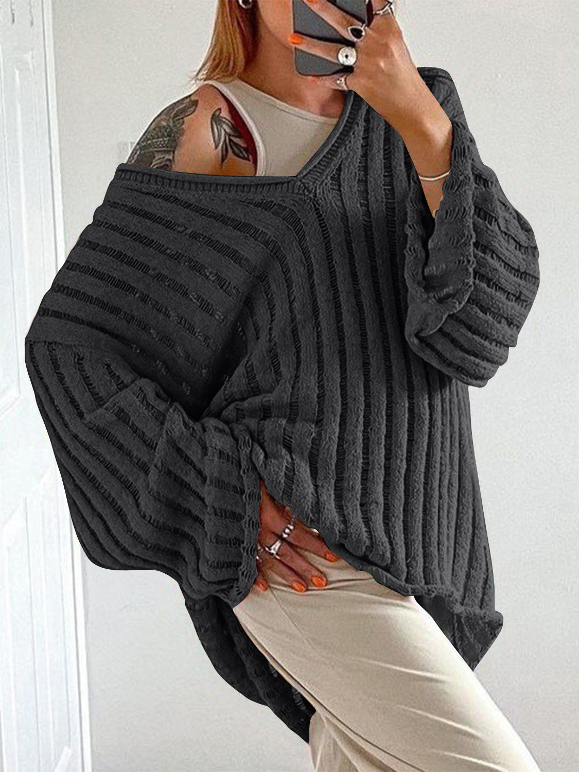 V-Neck Long Sleeve Sweater Black
