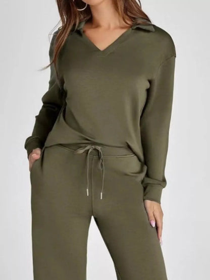 Full Size Johnny Collar Long Sleeve Top and Pants Plus Size