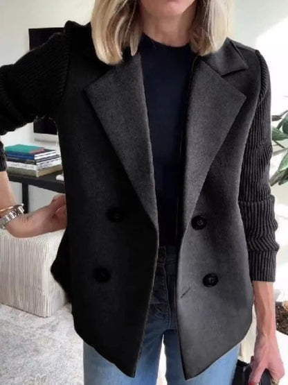 Full Size Knitted Sleeve Wool Blend Double-Breasted Blazer Plus Size Black