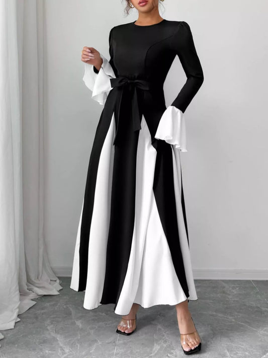 Contrast Round Neck Flare Sleeve Maxi Dress Black