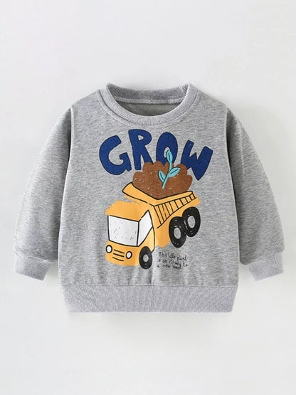 Children's Cartoon Truck Crew Neck Sweatshirt Gray