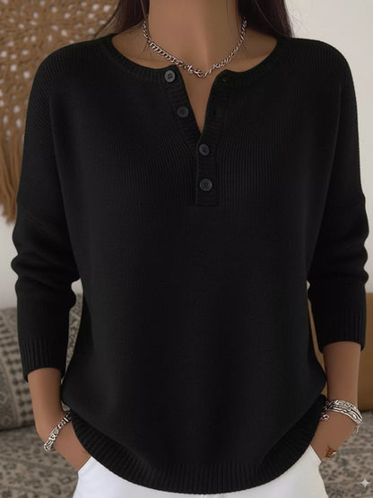 Full Size Half Button Long Sleeve Knit Top Plus Size Black