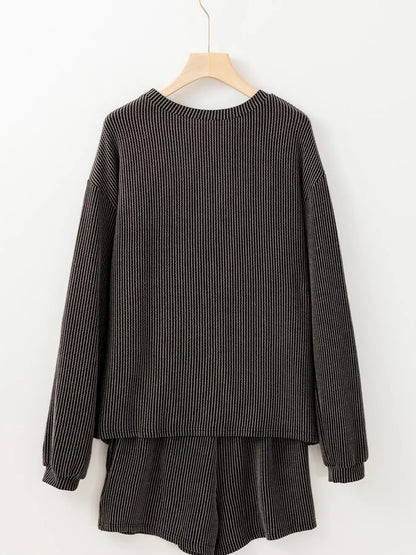 Thankful Letter Patched Sequin Bow Sleeve Twisted Ribbed Top and Short Set