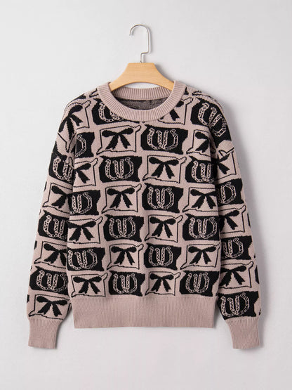 Bows & Horseshoes Pattern Round Neck Sweater