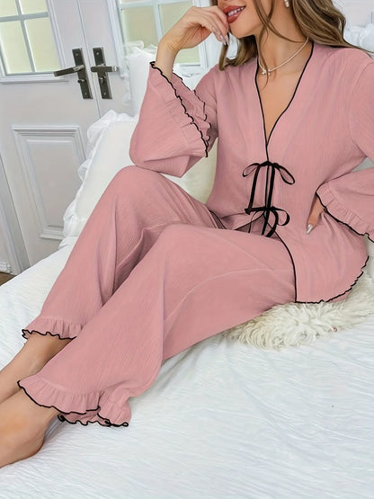 Contrast Trim Bow Tie Shirt and Pants Lounge Set