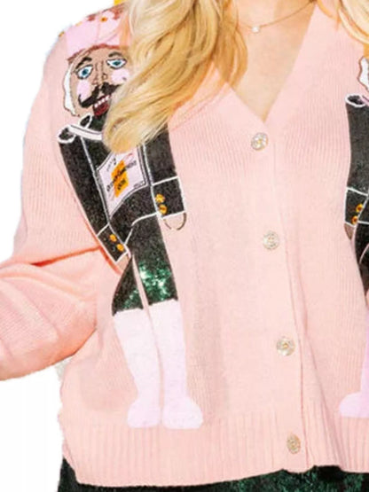 Nutcracker Ribbed Hem V-Neck Cardigan