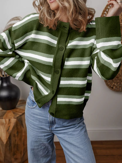 Striped Button-Down Knit Cardigan