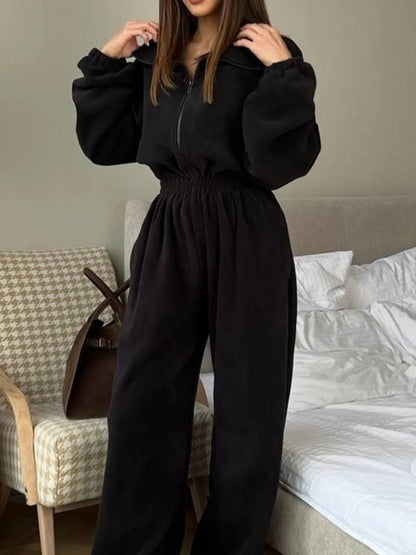 Zip Front Long Sleeve Jumpsuit Black