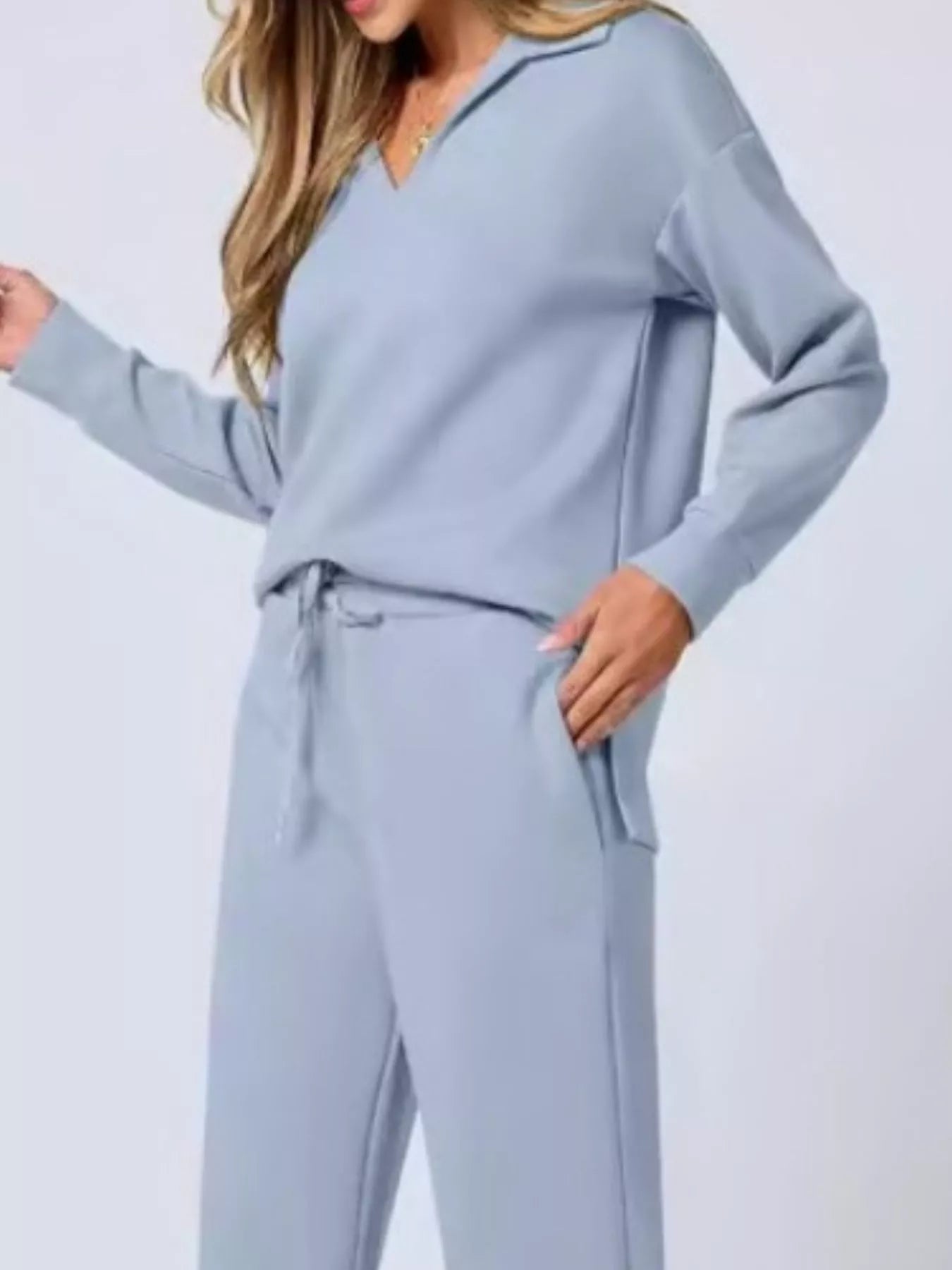 Full Size Johnny Collar Long Sleeve Top and Pants Plus Size