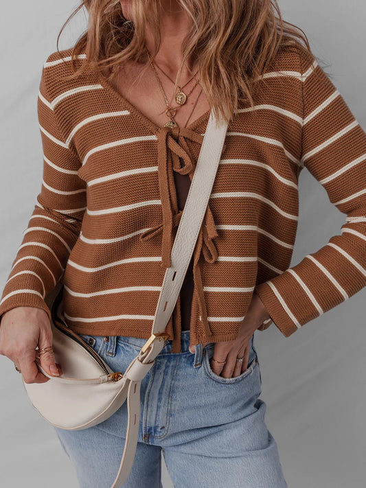 Tie Front Striped Knit V Neck Cardigan