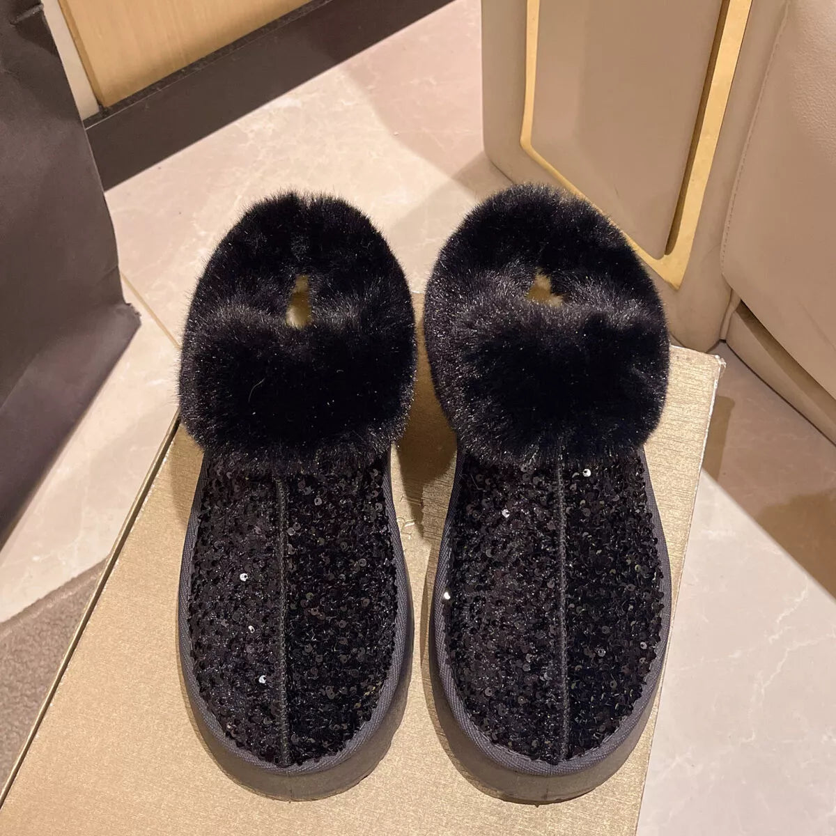 Sequin Round Toe Platform Boots