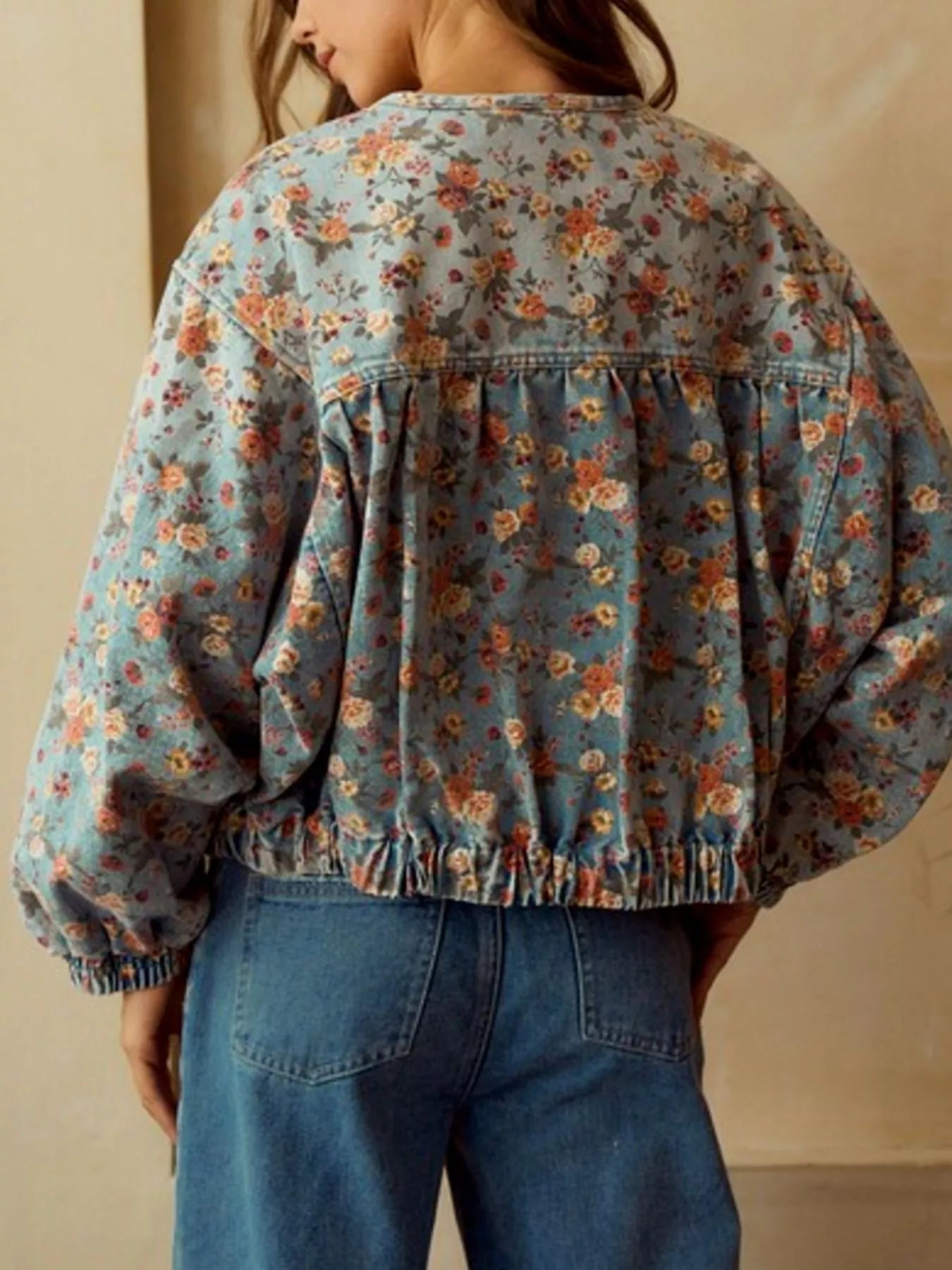 Floral Print Zip Up Cropped Denim Jacket