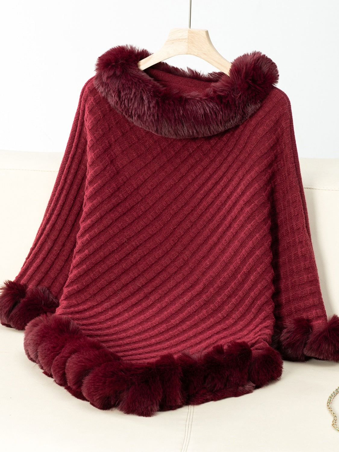 Fuzzy Trim Texture Three-Quarter Sleeve Poncho Burgundy One Size