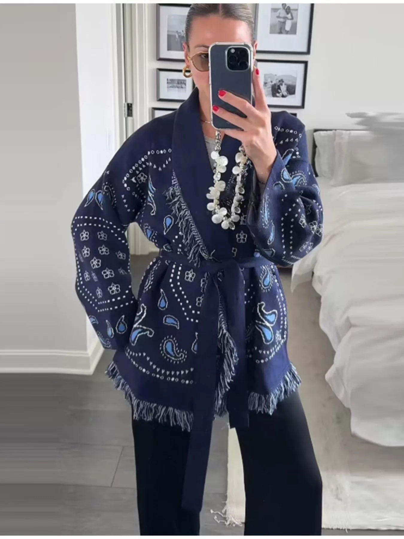 Printed Fringe Long Sleeve Cardigan