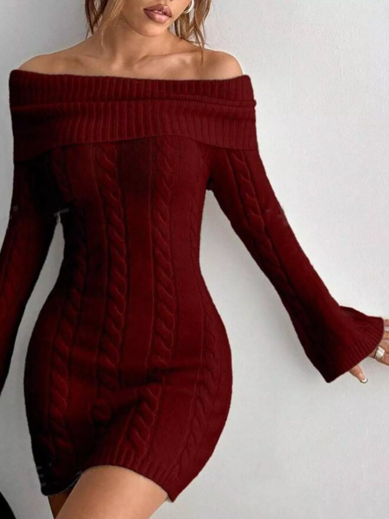 Off-Shoulder Cable Knit Bodycon Sweater Dress