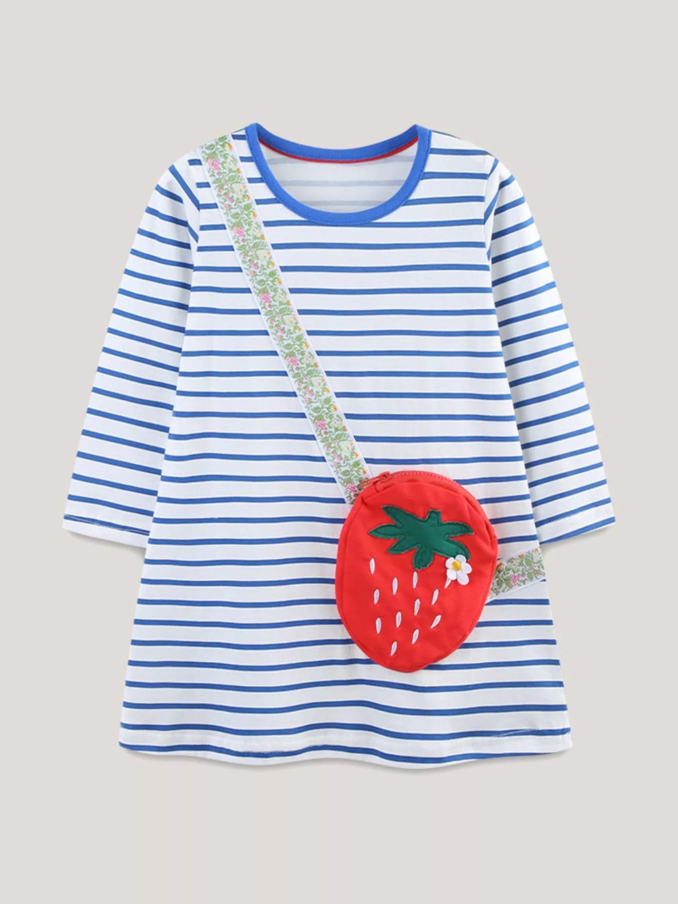Children's Strawberry Striped Long Sleeve Dress Light Blue