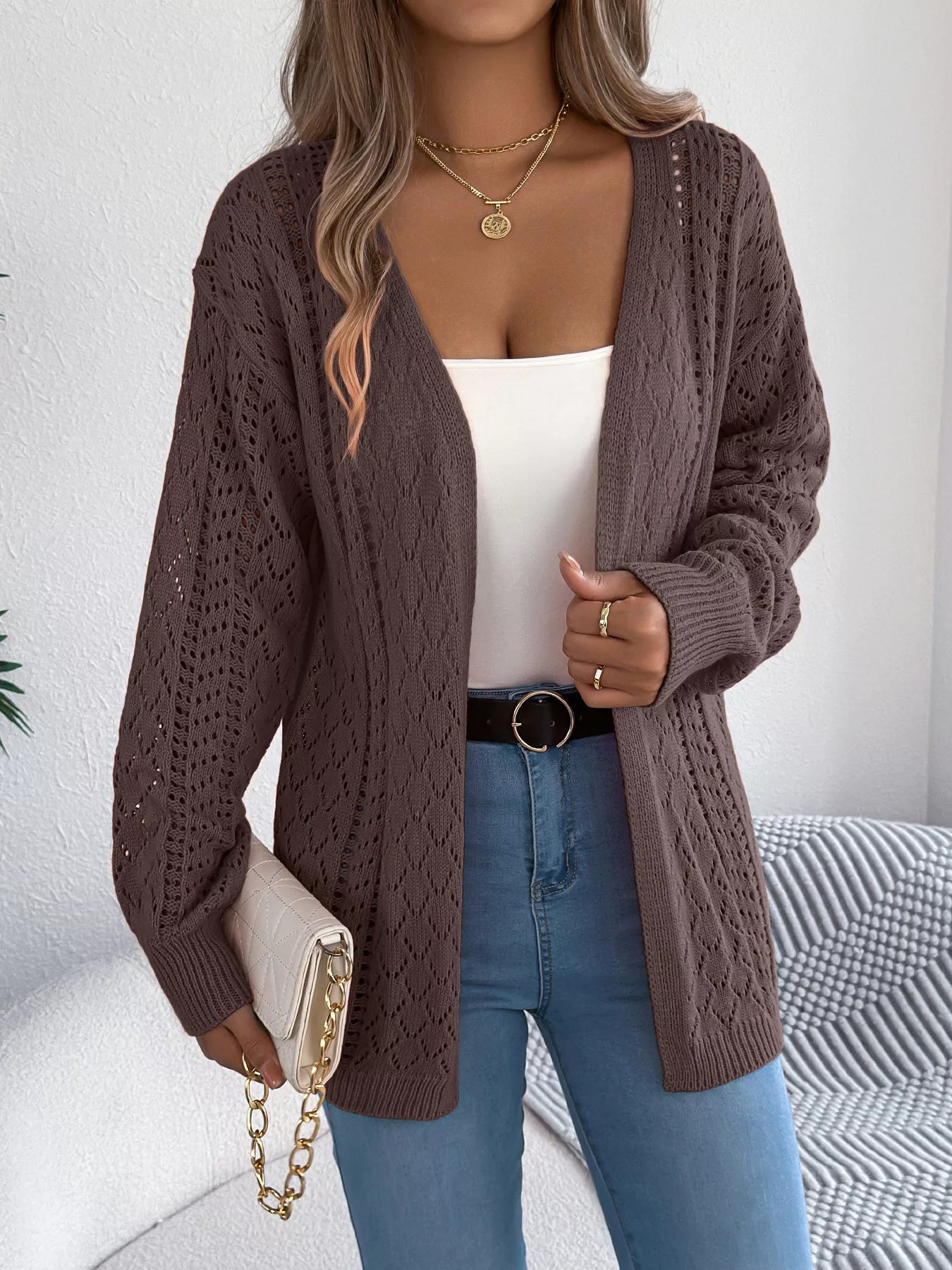 Openwork Open-Front Long Sleeve Cardigan