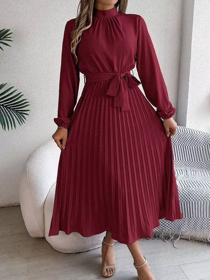Mock Neck Pleated Midi Dress